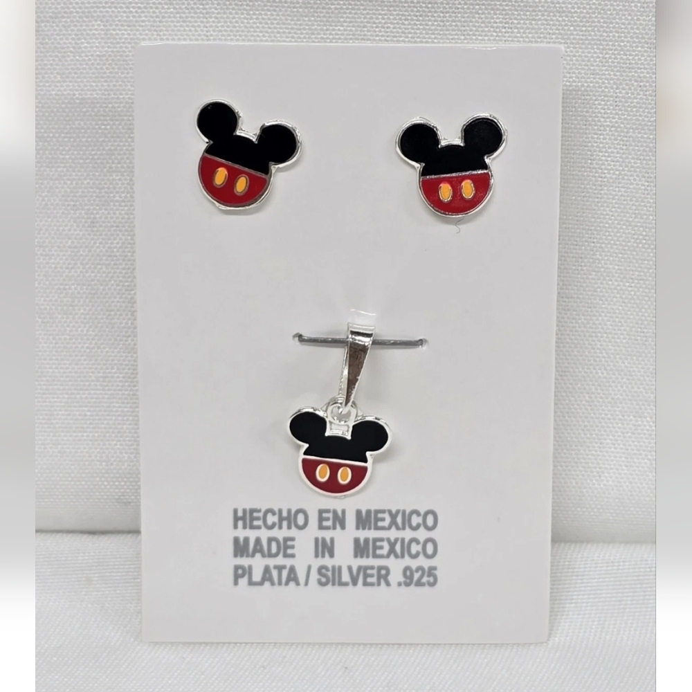 925 Mexican Sterling Silver Mickey Mouse Enamel Pendant & Stud Earrings Set